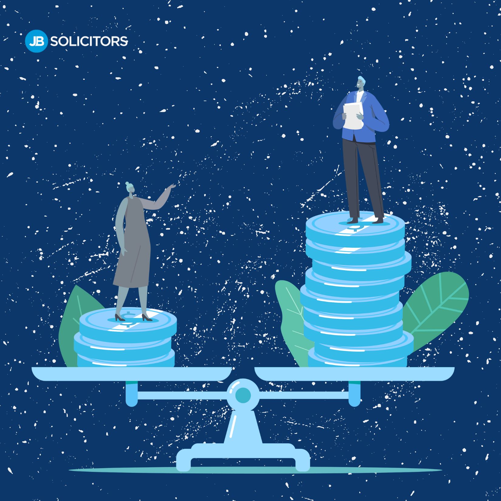 a man and a woman standing on money placed on top of a justice scale