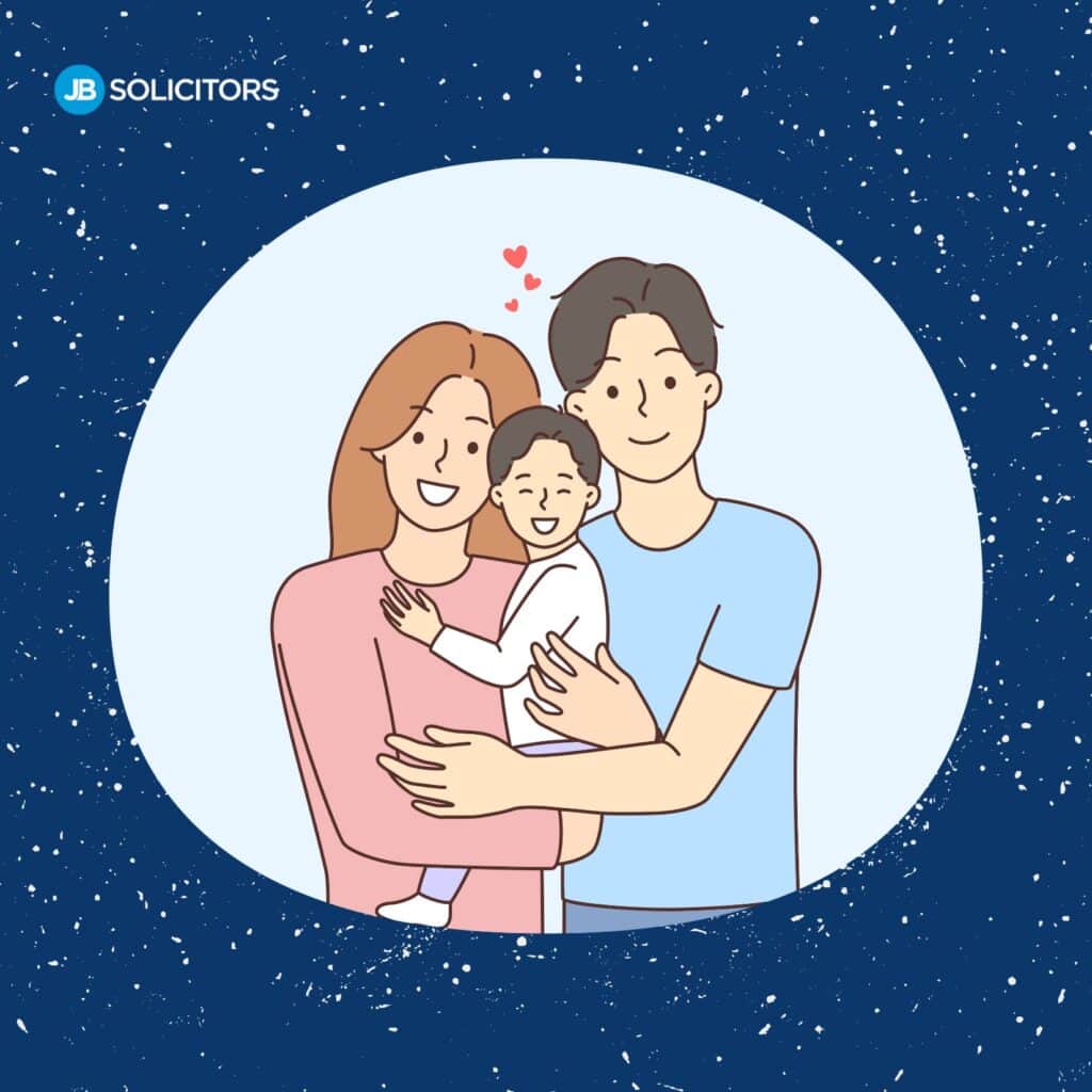 Happy family with child in arms.