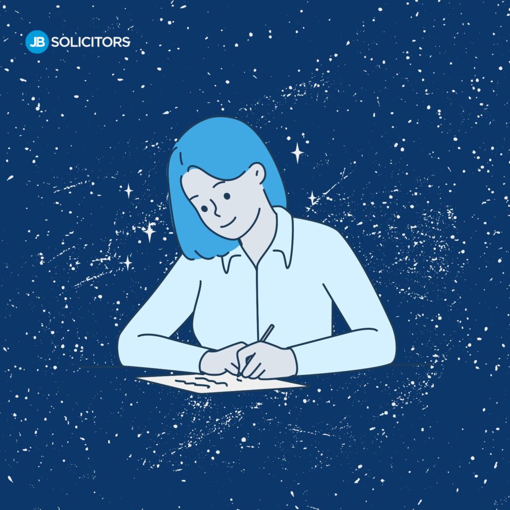 Person writing against a starry background.