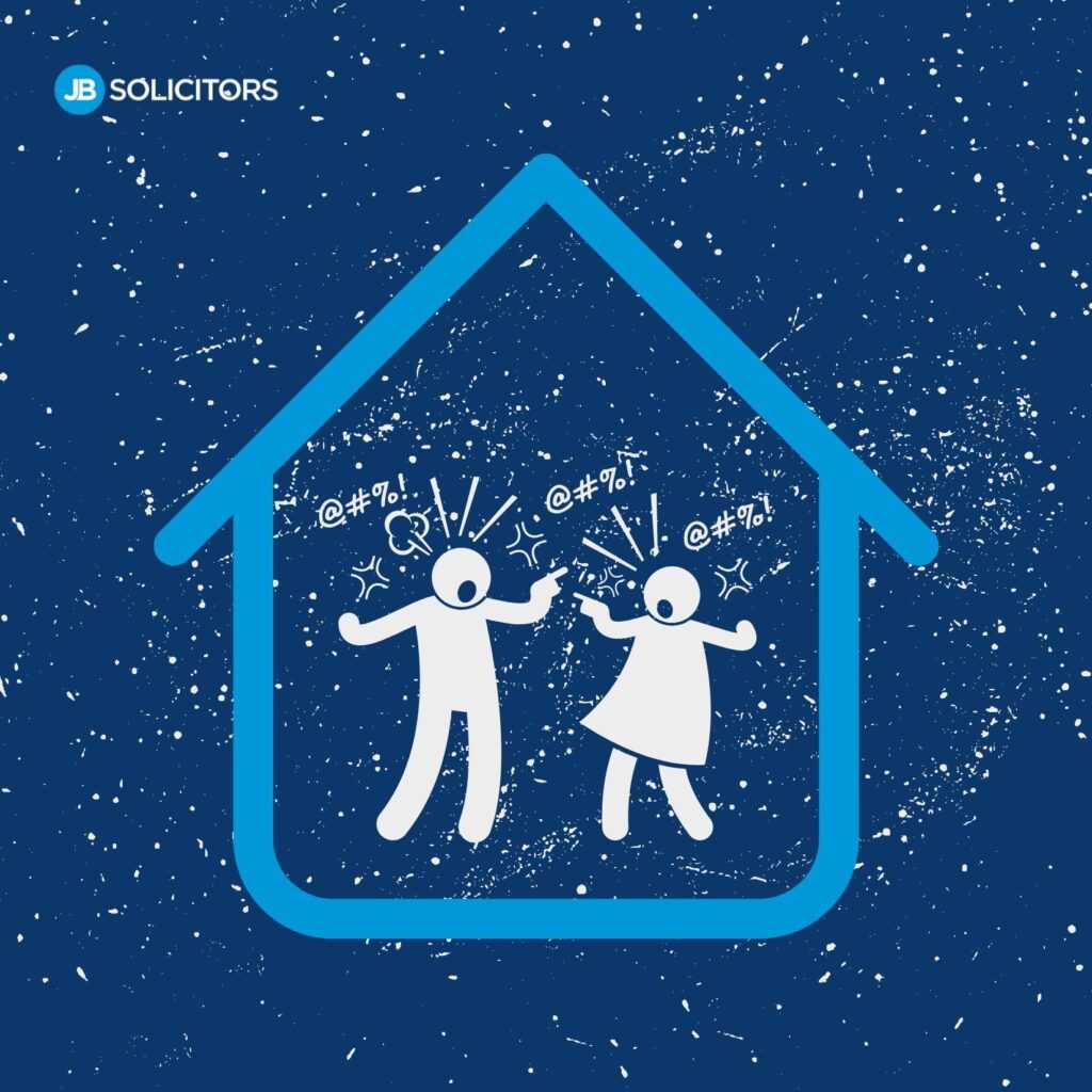 Frustrated couple arguing inside a house illustration representing family law disputes and legal advice from JB Solicitors in Australia.